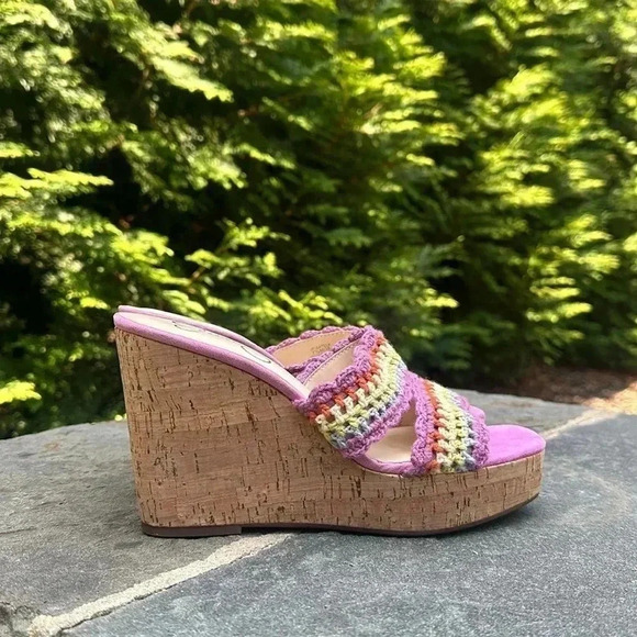 NEW JESSICA SIMPSON Size 7.5 Multi Colorful Knit Design Wedge Heel Sandals - Picture 10 of 10